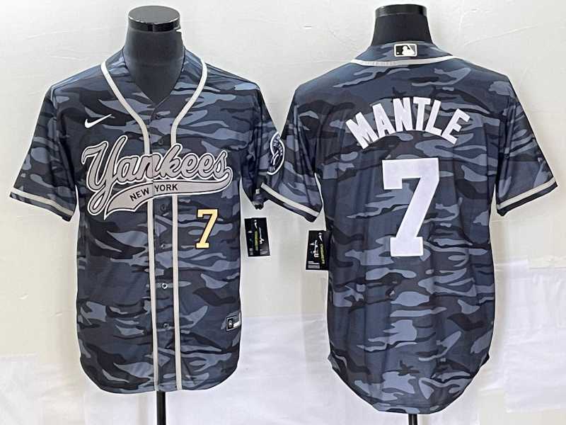 Mens New York Yankees #7 Mickey Mantle Number Grey Camo Cool Base With Patch Stitched Baseball Jersey->new york yankees->MLB Jersey